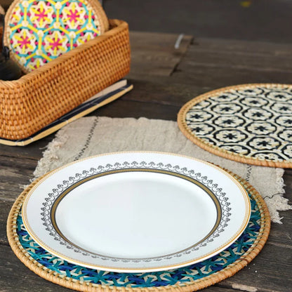 Hand-Woven Bamboo Boho Placemats – Round Rattan Table Mats for Rustic Kitchen