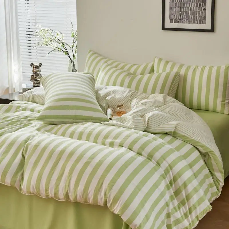 Lime Green Boho Striped Microfiber Bedding Set – 4-Piece Soft & Cozy Duvet Cover Set with Pillowcases & Flat Sheet