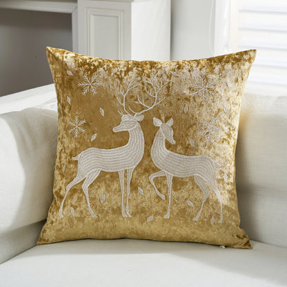 Decorative pillow with deer design on a couch. Christmas embroidered pillow cover in gold, 18x18 inch festive cushion case for sofa, bed, or holiday home décor. Christmas Gift Ideas
