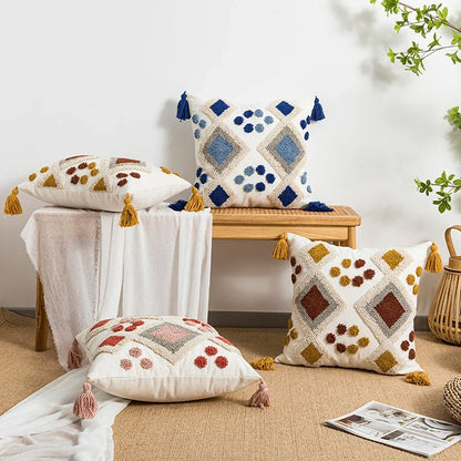 Boho Loop Tufted Cushion Cover – Handmade Cotton Canvas Pillow with Tassels & Embroidery