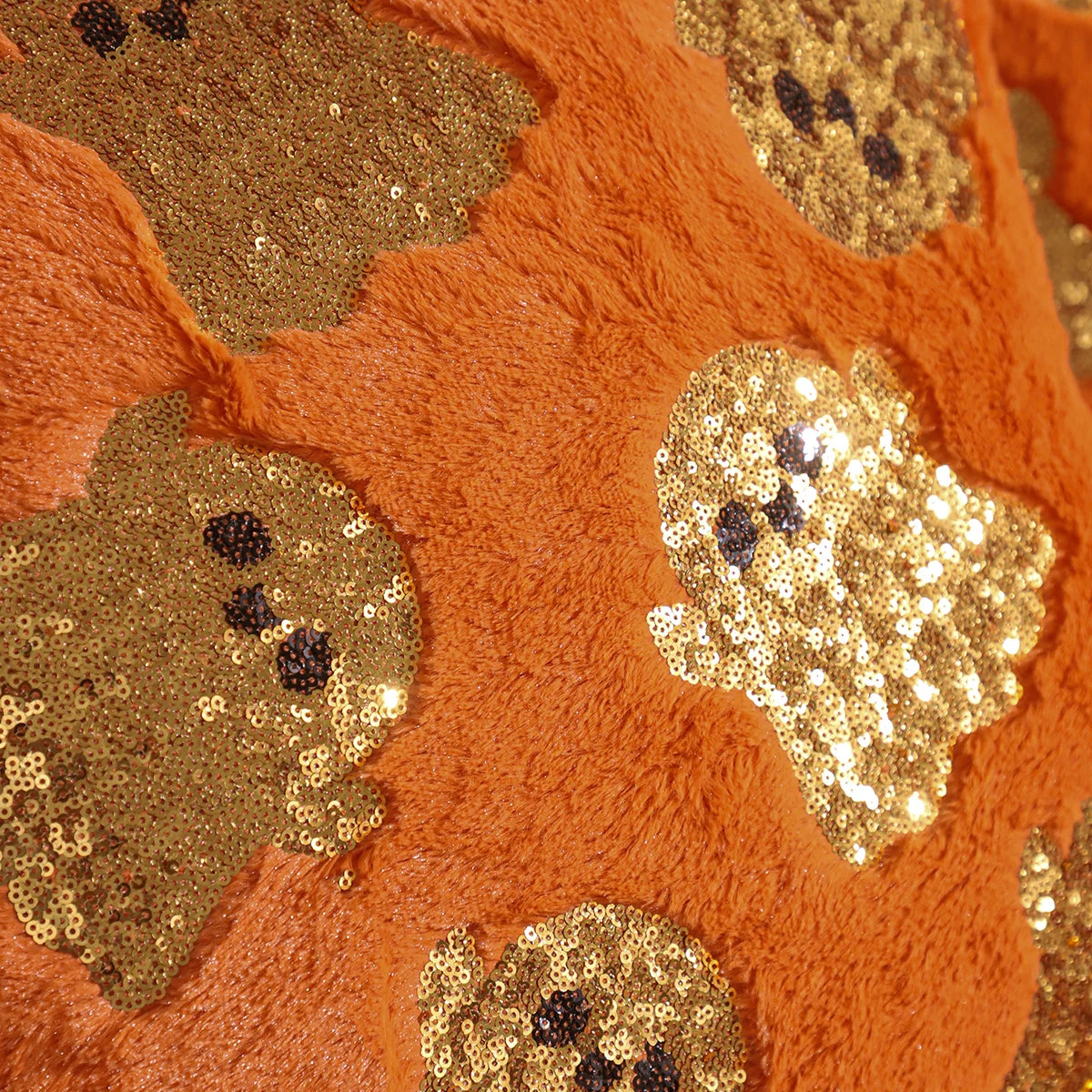 Halloween Pumpkin Gold Sequin Embroidered Plush Pillow Cover – Festive Throw Cushion for Sofa, Bed & Autumn Decor