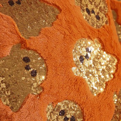 Halloween Pumpkin Gold Sequin Embroidered Plush Pillow Cover – Festive Throw Cushion for Sofa, Bed & Autumn Decor