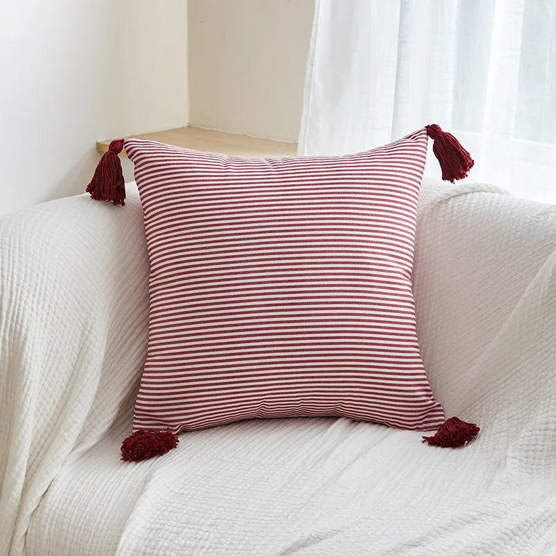 Classic Striped Cushion Cover 45x45cm Hawthorn Red Ivory Fabric Pillow Cover Boho Home Decoration Decor Pillowcase Tassels