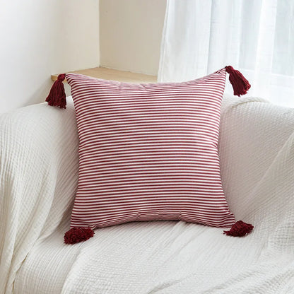 Classic Striped Cushion Cover 45x45cm Hawthorn Red Ivory Fabric Pillow Cover Boho Home Decoration Decor Pillowcase Tassels