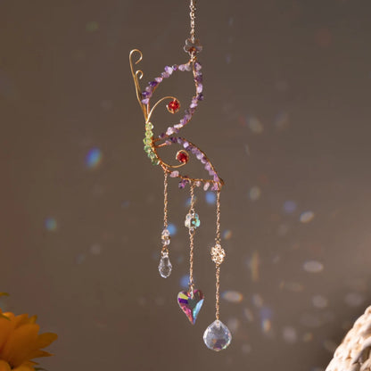 Decorative hanging ornament with colorful beads and crystals on a blurred background boho home decor, crystal wind chime, sun catcher for windows, moon prism chime, agate stone hanging, garden art decor, patio hanging decoration, boho housewarming gift, spiritual gift, crystal suncatcher, balcony decor, meditation decor, handmade crystal chime