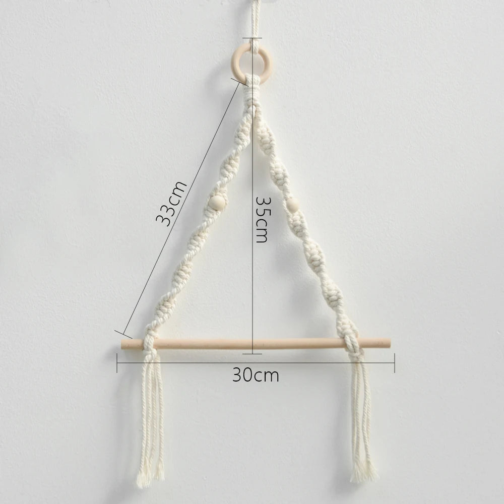 Macrame plant hanger with measurements on a plain background boho home decor, toilet paper holder, bohemian bathroom accessory, tissue holder, wall-mounted towel rack, cotton rope toilet paper rack, wooden bead towel holder, rustic home decor, boho wall decor, bathroom organization, housewarming gift