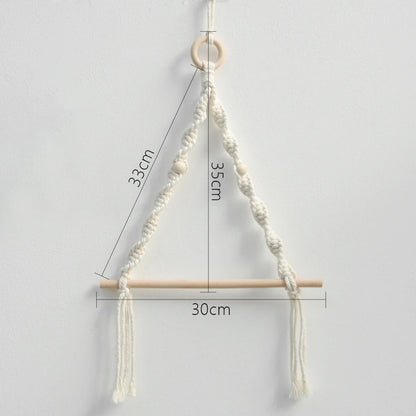 Macrame plant hanger with measurements on a plain background boho home decor, toilet paper holder, bohemian bathroom accessory, tissue holder, wall-mounted towel rack, cotton rope toilet paper rack, wooden bead towel holder, rustic home decor, boho wall decor, bathroom organization, housewarming gift