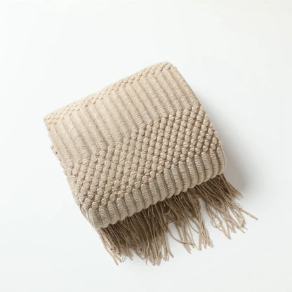 Beige Boho Nordic Knitted Throw Blanket with Tassels – Geometric Diamond Design for Bed, Couch, and Living Room
