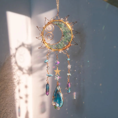 Decorative sun and moon ornament with colorful beads against a blurred background boho home decor, crystal wind chime, sun catcher for windows, moon prism chime, agate stone hanging, garden art decor, patio hanging decoration, boho housewarming gift, spiritual gift, crystal suncatcher, balcony decor, meditation decor, handmade crystal chime