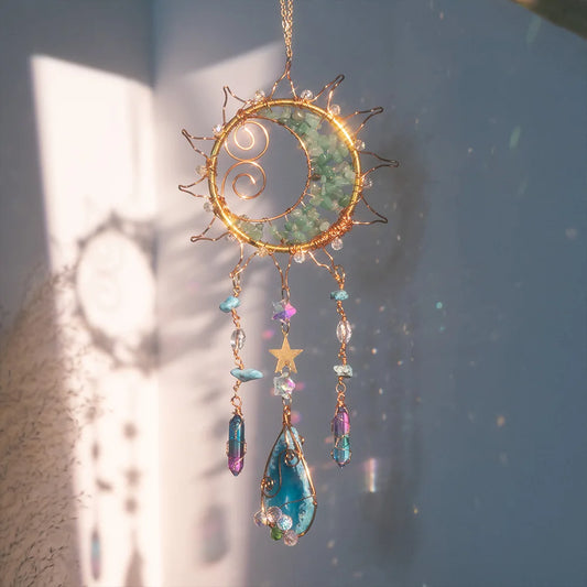 Decorative sun and moon ornament with colorful beads against a blurred background boho home decor, crystal wind chime, sun catcher for windows, moon prism chime, agate stone hanging, garden art decor, patio hanging decoration, boho housewarming gift, spiritual gift, crystal suncatcher, balcony decor, meditation decor, handmade crystal chime
