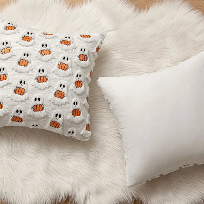 Ghost & Pumpkin Plush Faux Fur Pillow Cover – 18x18” Halloween & Fall Decor for Sofa or Bed
