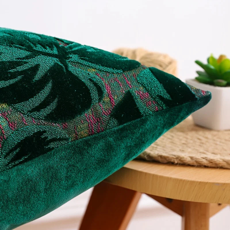 Tropical Green Leaf Chenille Cushion Cover – Jacquard Throw Pillow Cover for Boho Home Decor