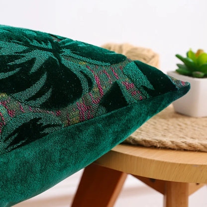 Tropical Green Leaf Chenille Cushion Cover – Jacquard Throw Pillow Cover for Boho Home Decor