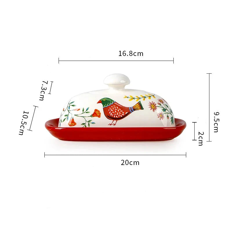 bohemian style floral butter dish with bird and dimensions