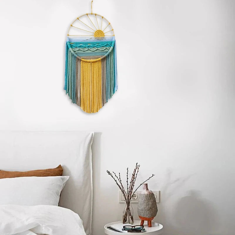Sunrise & Sunset woven boho wall hanging displayed on wall, Nordic style cotton tapestry featuring warm earthy tones, perfect for boho home decor and eclectic interior design ideas, adds cozy bohemian vibes and textured aesthetic home decor to any living room or bedroom.