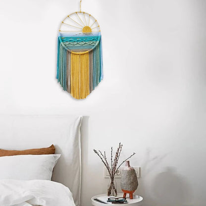 Sunrise & Sunset woven boho wall hanging displayed on wall, Nordic style cotton tapestry featuring warm earthy tones, perfect for boho home decor and eclectic interior design ideas, adds cozy bohemian vibes and textured aesthetic home decor to any living room or bedroom.