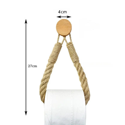 Nautical rope with wooden disc and measurements on a white background. Boho rope toilet paper holder, nail-free wall mounted paper towel rack, rustic bathroom storage and decor accessory with wood and rope design