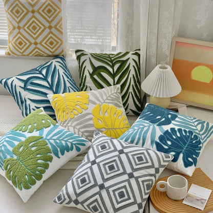 🌿 Green Leaf & Sunflower Embroidered Pillow Cover – 18 x 18 inches Boho Modern Cushion Cover for Sofa, Chair, or Car