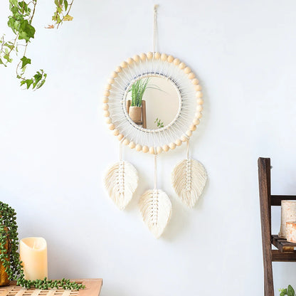 Boho Macrame Round Wall Mirror – Decorative Hanging Mirror for Bedroom & Living Room - Natural Knotted Sun