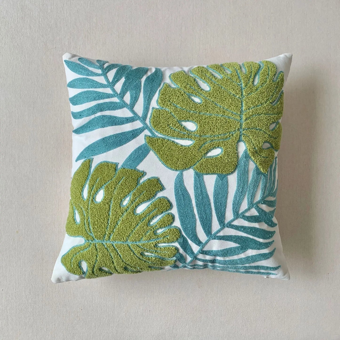 🌿 Green Leaf & Sunflower Embroidered Pillow Cover – 18 x 18 inches Boho Modern Cushion Cover for Sofa, Chair, or Car