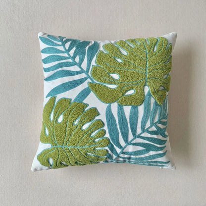 🌿 Green Leaf & Sunflower Embroidered Pillow Cover – 18 x 18 inches Boho Modern Cushion Cover for Sofa, Chair, or Car