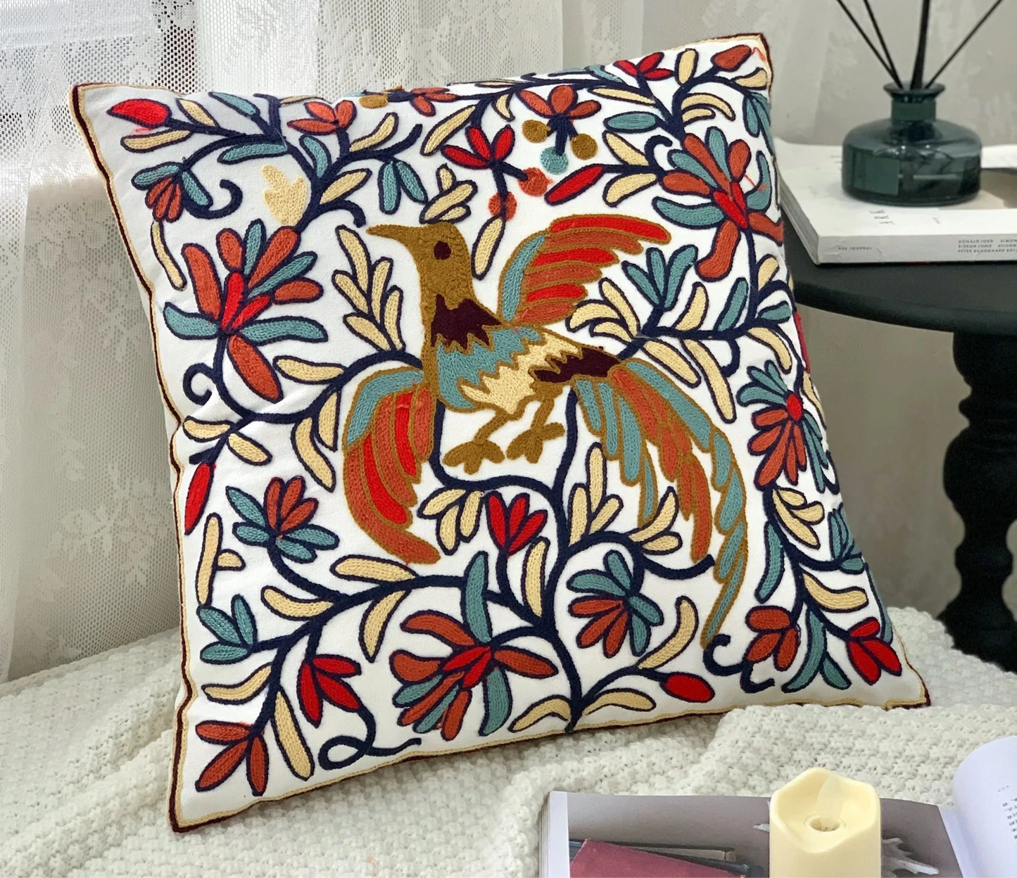 Decorative pillow with floral and bird design on a white background,floral embroidery on linen cotton cushion cover – boho home decor accent