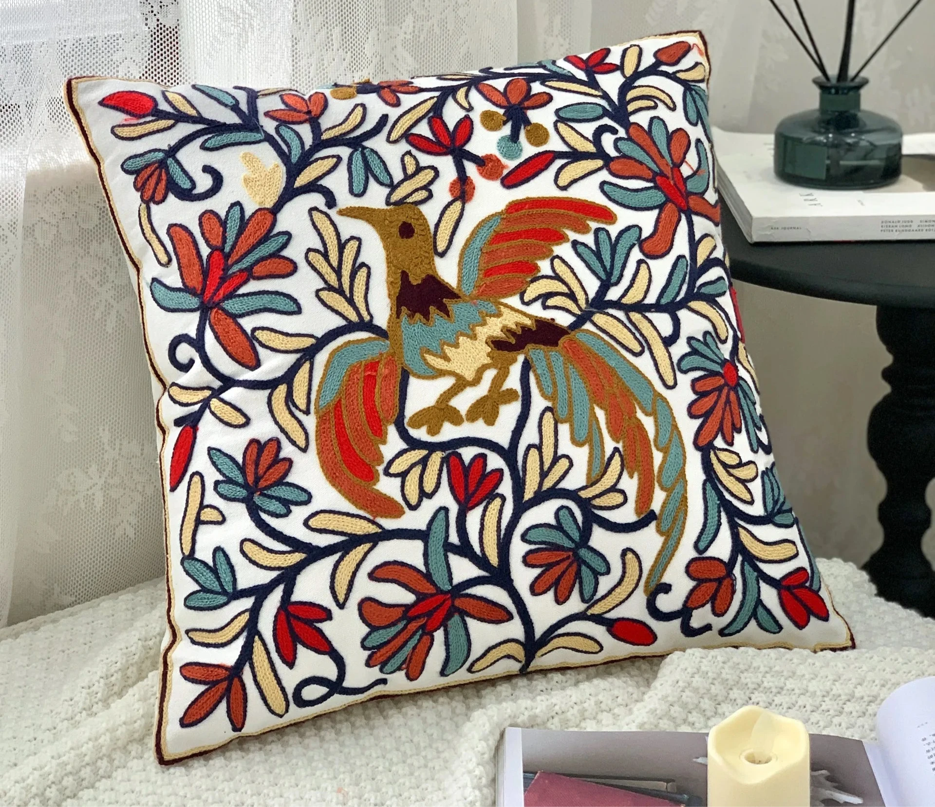 Decorative pillow with floral and bird design on a white background,floral embroidery on linen cotton cushion cover – boho home decor accent