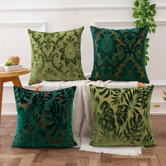 Tropical Green Leaf Chenille Cushion Cover – Jacquard Throw Pillow Cover for Boho Home Decor