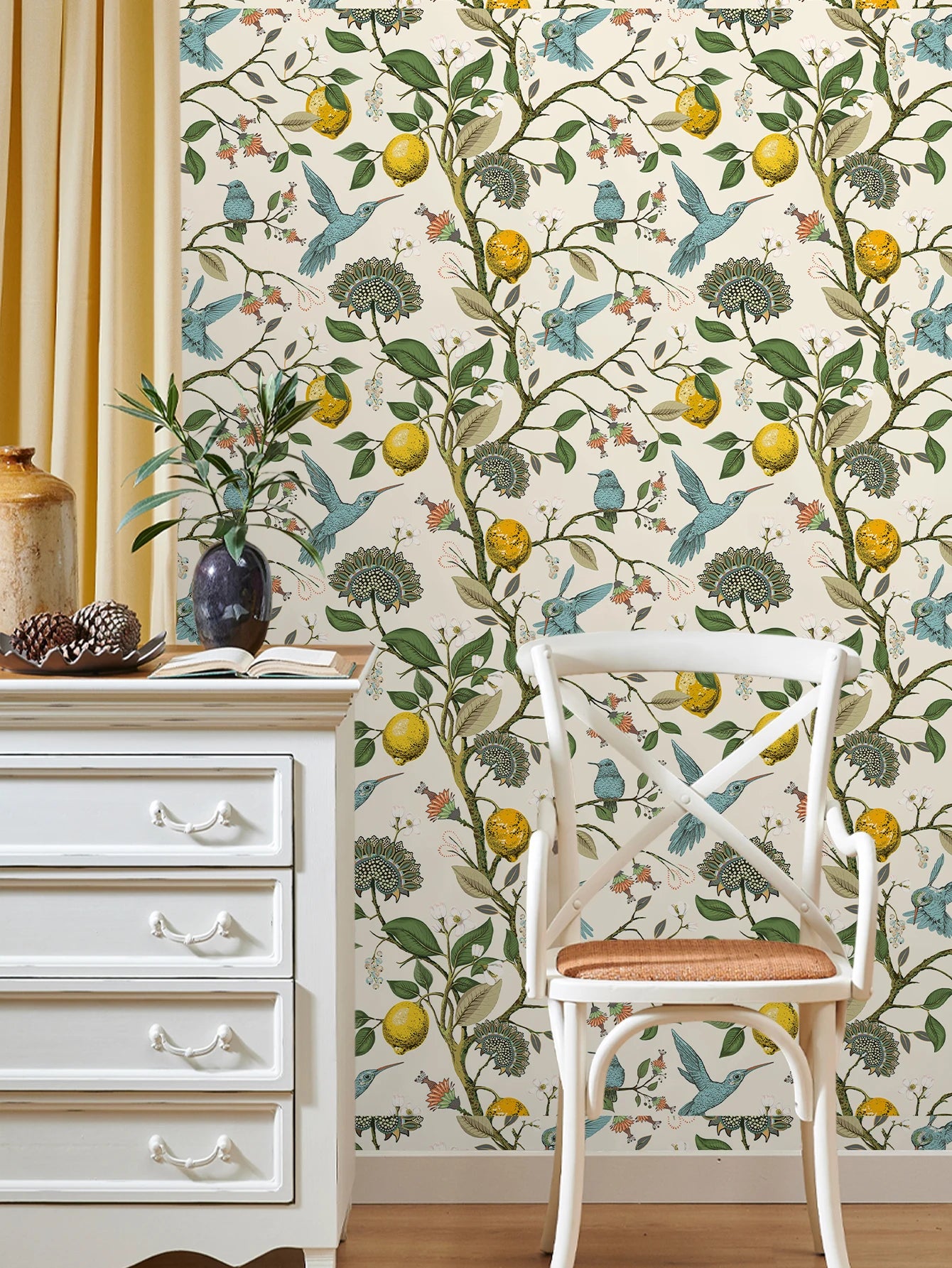 Boho Garden-Inspired Waterproof Wallpaper – Self-Adhesive Lemon, Floral & Hummingbird Wall Sticker for Boho Home Decor
