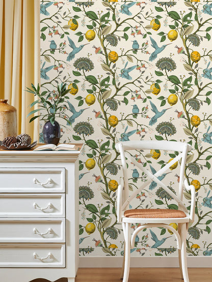 Boho Garden-Inspired Waterproof Wallpaper – Self-Adhesive Lemon, Floral & Hummingbird Wall Sticker for Boho Home Decor