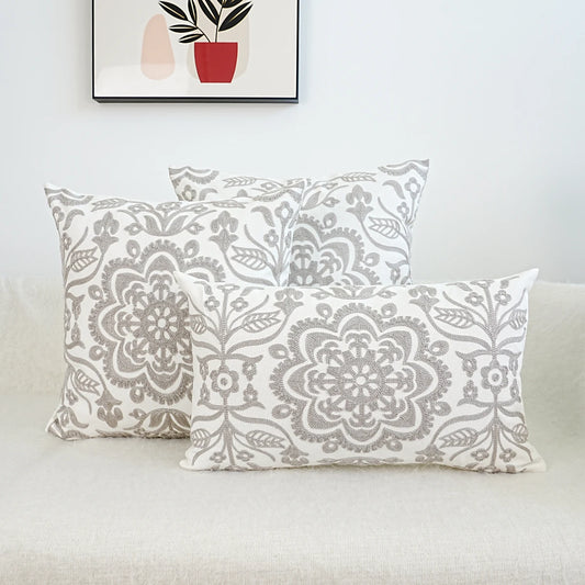 Gray Mandala Floral Embroidered Pillow Cover – Geometric Boho Home Decor Accent