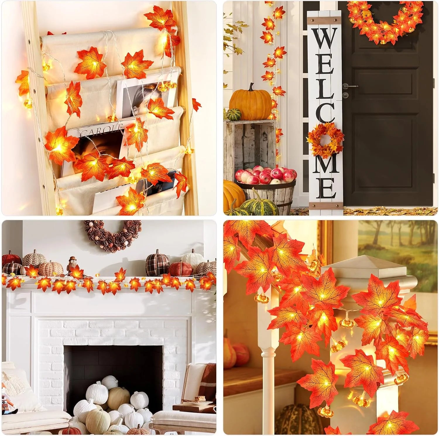 Collage of autumn-themed decorations including lights, wreaths, and pumpkins. fall leaf lights 