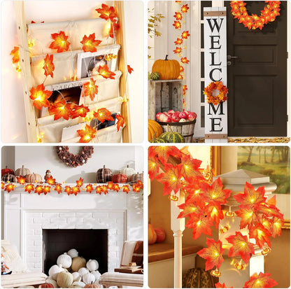 Collage of autumn-themed decorations including lights, wreaths, and pumpkins. fall leaf lights 