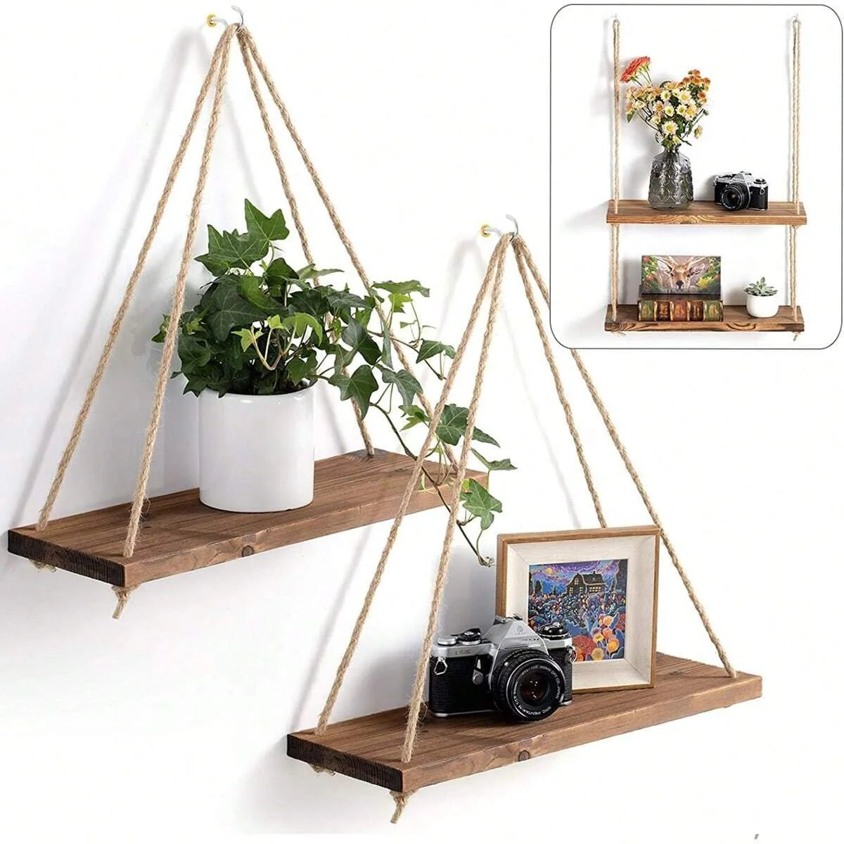 1Pc or 3Pcs Wooden Swing Hanging Hemp Rope Wall Shelf Mounted Floating Home Living Room Plant Flower Pot Tray Storage Garden Decoration Shelves Boho Home Decor Wall Art