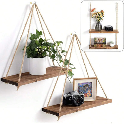 1Pc or 3Pcs Wooden Swing Hanging Hemp Rope Wall Shelf Mounted Floating Home Living Room Plant Flower Pot Tray Storage Garden Decoration Shelves Boho Home Decor Wall Art