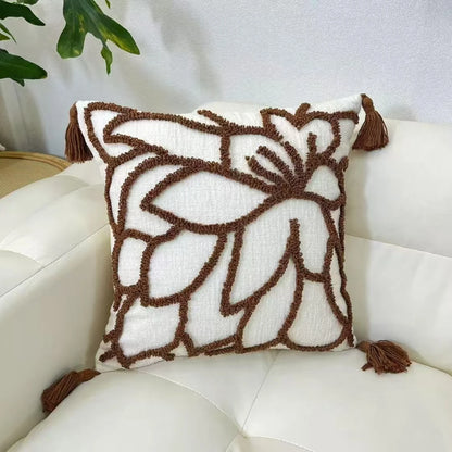Decorative pillow with brown leaf pattern on a white couch boho home decor, housewarming gift, chenille pillow cover, geometric cushion case, Nordic pillowcase, velvet throw pillow, sofa cushion, bedroom pillow cover, modern jacquard cushion, decorative car pillow, textured home decor, looped velvet pillow