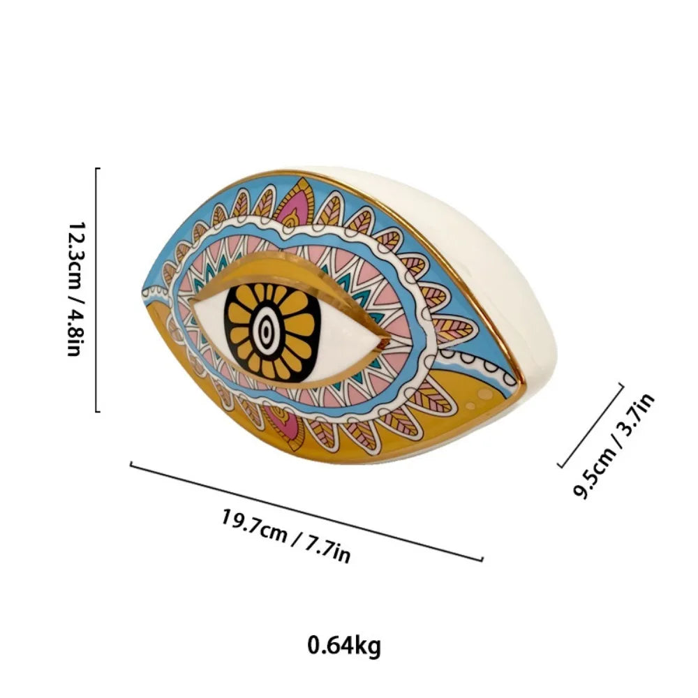 Moroccan Turkish blue evil eye ceramic figurine, unique bohemian home decor accent perfect for eclectic and boho home styles, adds soulful vibes and a cozy touch to any room, great for gifting as a boho home decor gift or housewarming present.