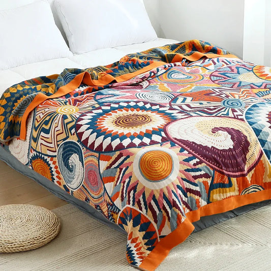 100% Cotton Muslin Throw – Soft, Lightweight & Boho-Chic Blanket - Orange & Purple Shapes