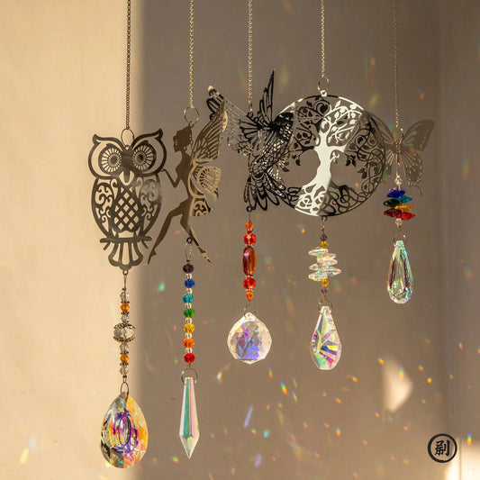 Crystal Sun Catcher with Tree of Life Pendant – Hanging Rainbow Maker & Wind Chime for Windows, Gardens, and Cars