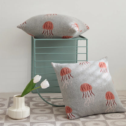 Elegant Jellyfish Embroidered Cotton Throw Pillow Cover – Ocean-Inspired Boho Home Decor Accent