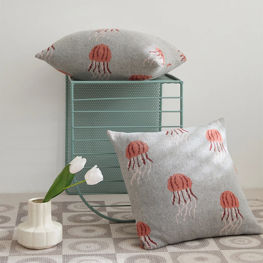 Elegant Jellyfish Embroidered Cotton Throw Pillow Cover – Ocean-Inspired Boho Home Decor Accent