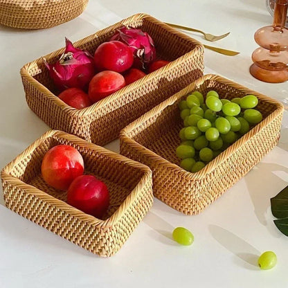 Three woven fruit bowls with fruits on a light surface boho home decor, rattan basket, handwoven wicker basket, fruit storage box, bread basket, picnic basket, natural storage bin, tea storage box, rustic home organization, farmhouse decor, housewarming gift, boho storage basket