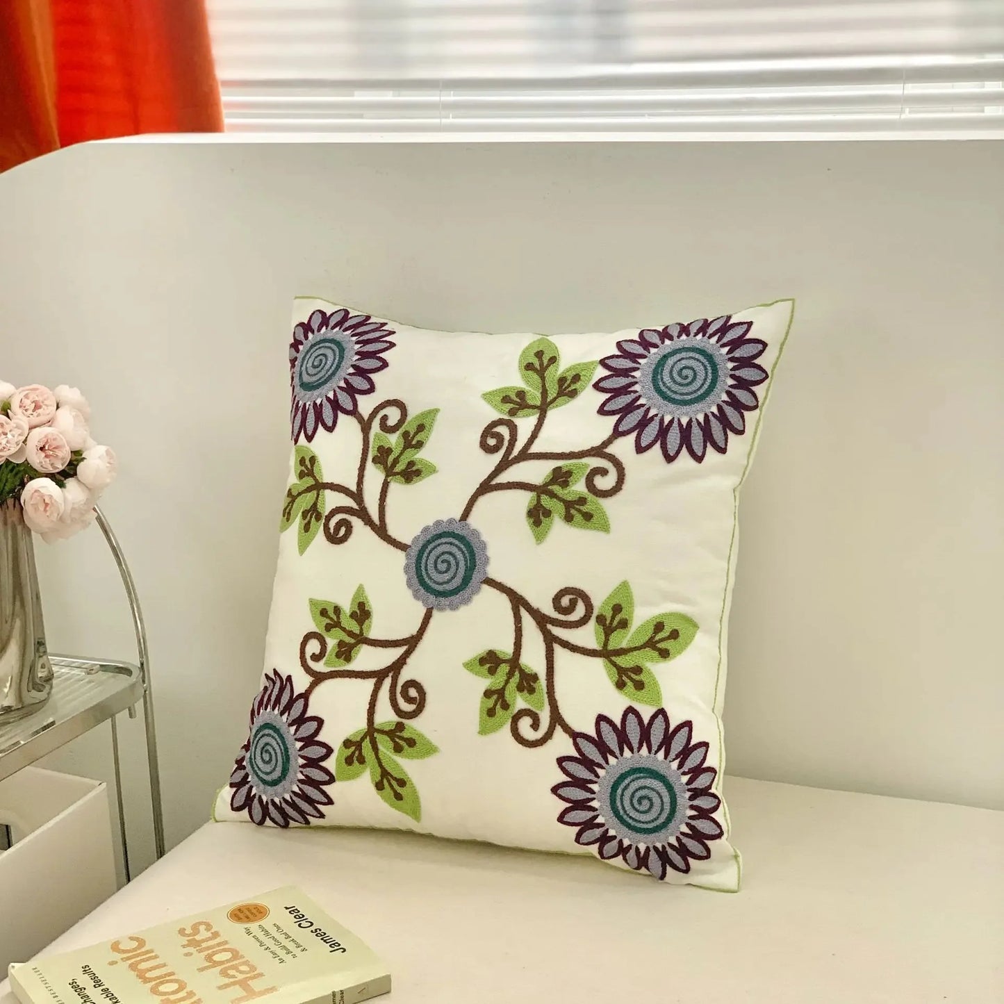 Flower Embroidered Plush Throw Pillow Cover – Minimalist Boho Cushion for Sofa, Bed, or Chair | 18x18 Inch | Garden-Inspired Housewarming Gift