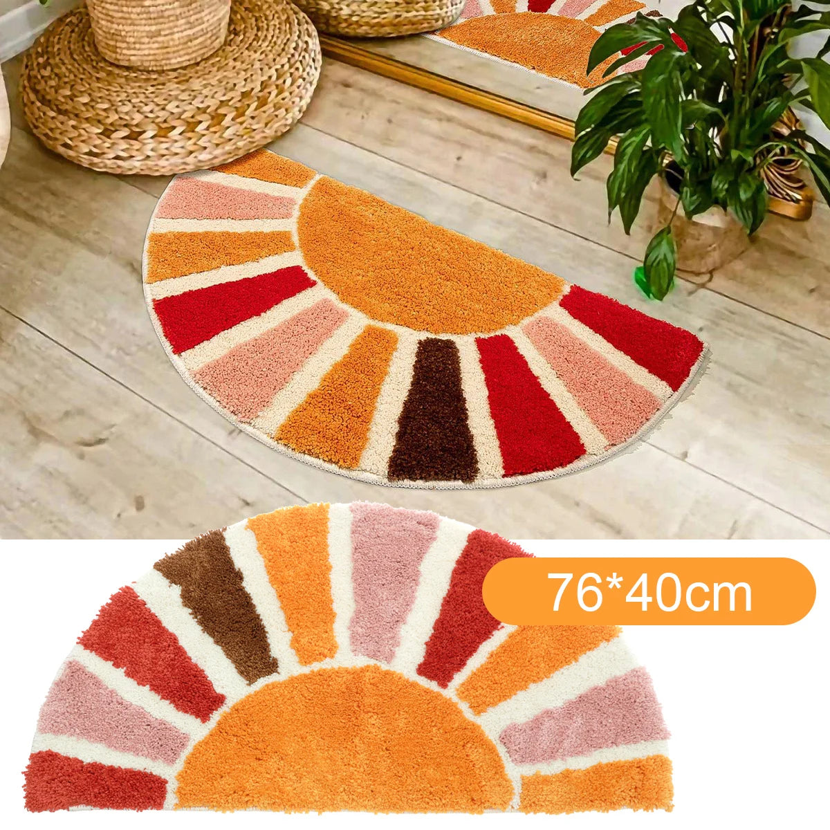 Colorful sun-shaped doormat on a wooden floor with a plant and hat in the background. boho home decor, sunflower door mat, half circle rug, plush entry mat, non-slip bath mat, boho floor mat, floral floor rug, bathroom rug, farmhouse decor, cozy home gift, housewarming gift, living room mat, pastel home accents, cute doormat