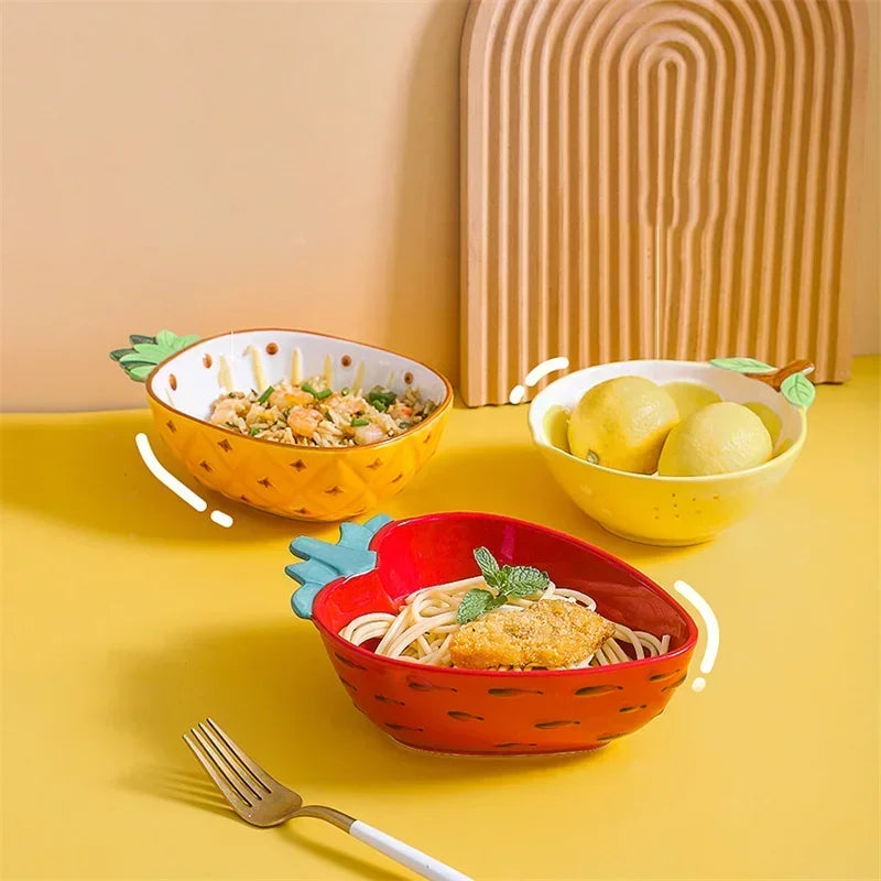Hand-Painted Fruit Ceramic Bowl – Cute Pineapple, Strawberry, or Lemon Design