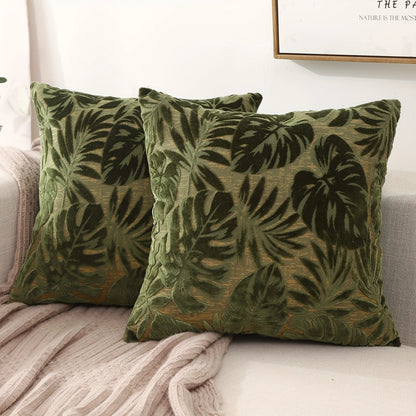 Tropical Green Leaf Chenille Cushion Cover – Jacquard Throw Pillow Cover for Boho Home Decor