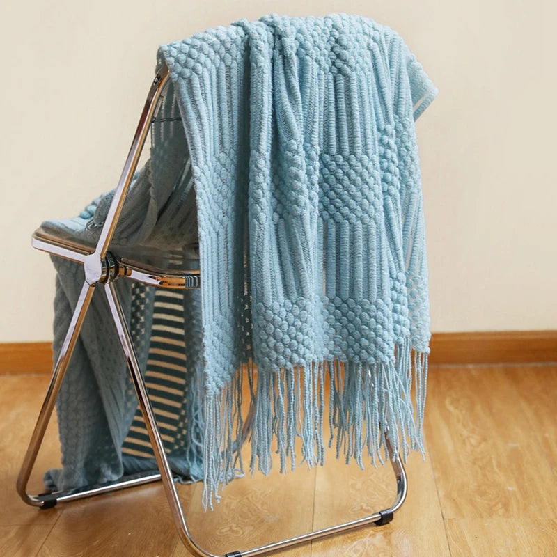 Soft Knit Boho Throw Blanket – Lightweight Acrylic Travel & Home Decor Accent with Fringe