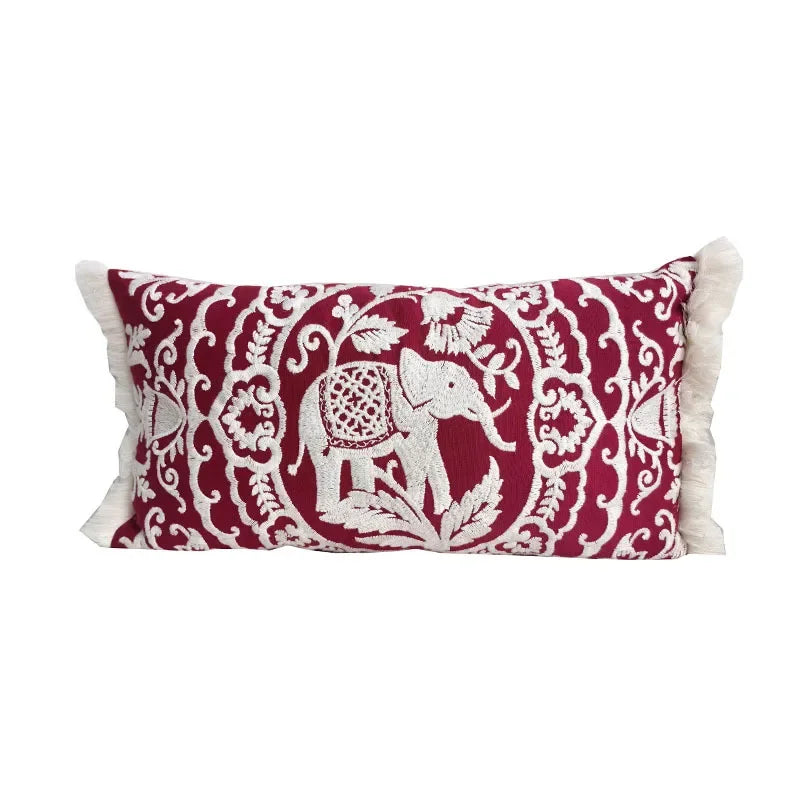Bohemian embroidered cotton throw pillow cover in 18x18 or 12x24 inches, elephant decorative cushion for sofa, bed, or lounge – stylish boho home decor accent