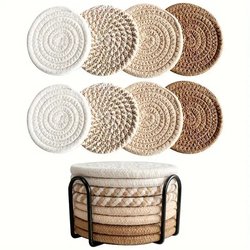 Set of round woven coasters in white, beige, and brown with a black coaster holder. Set of cotton drink coasters – eco-friendly housewarming gift idea