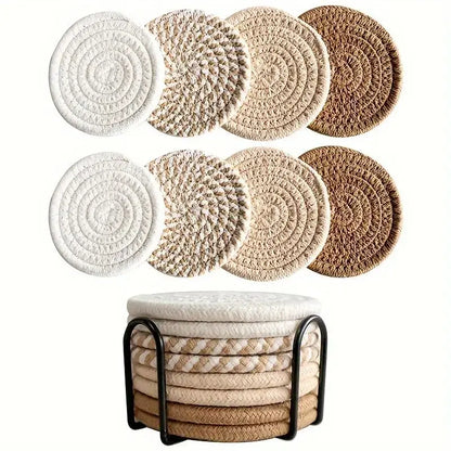 Set of round woven coasters in white, beige, and brown with a black coaster holder. Set of cotton drink coasters – eco-friendly housewarming gift idea